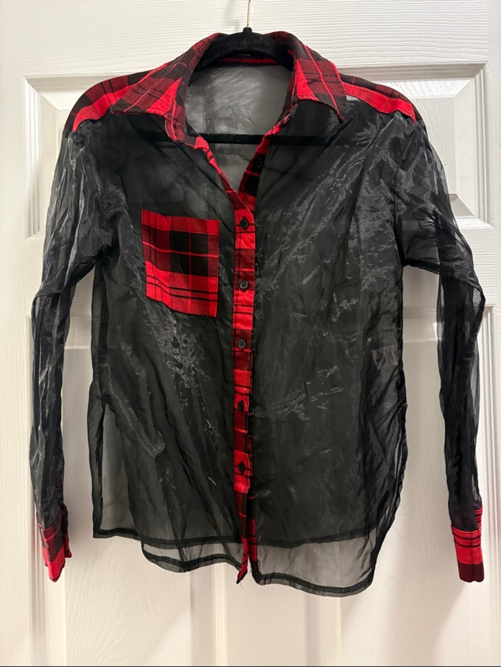 AKIRA Black Sheer Button-Down Shirt with Red Plaid Accents